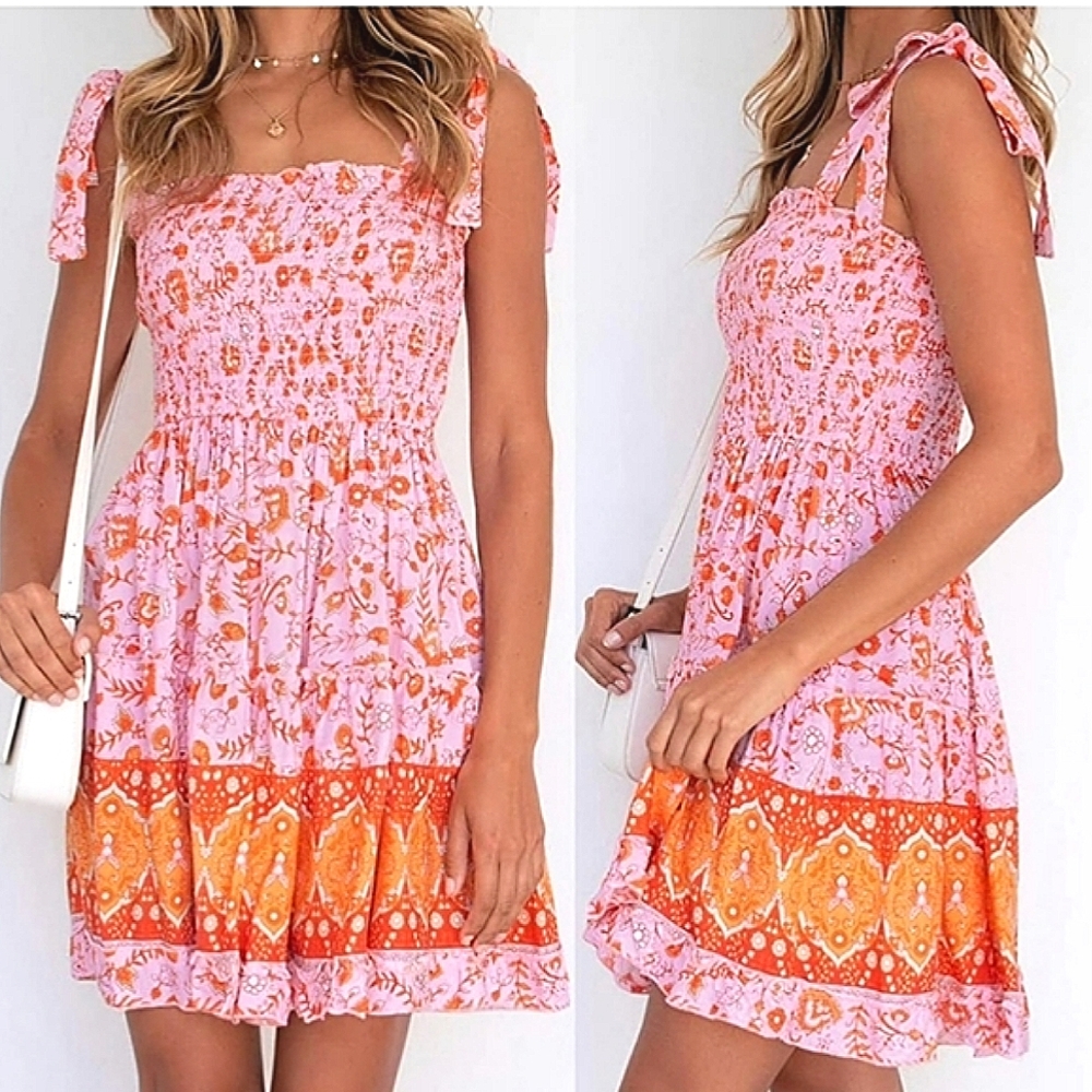 Zesica Pink Floral Boho Mini Sundress Medium
